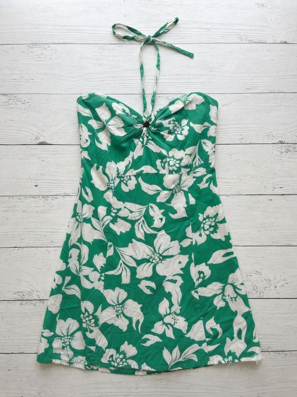 O'Neill Green and White Floral Halter Dress large. Back zip,